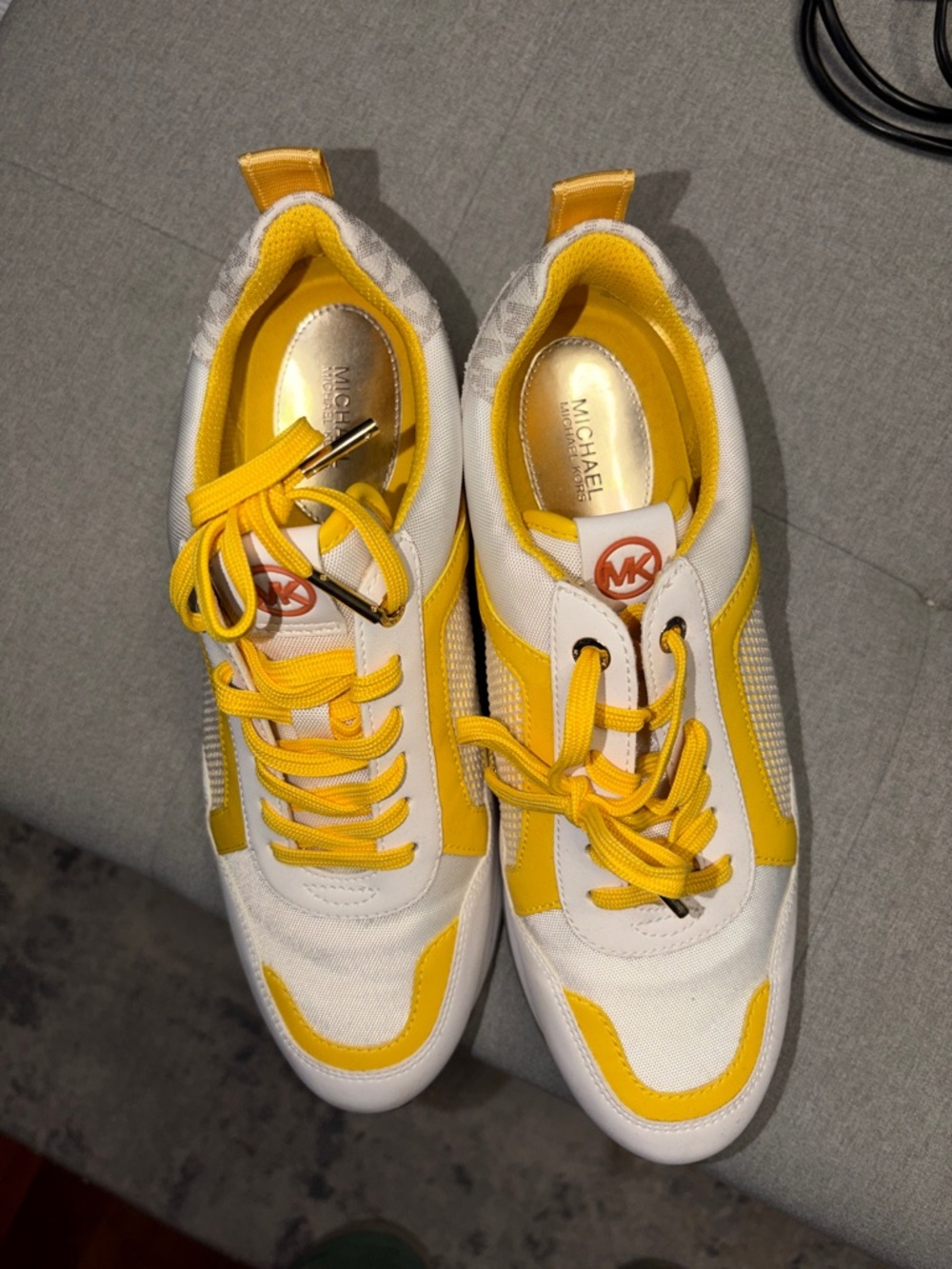 Michael Kors White and Yellow Knit Lace-Up Sneakers